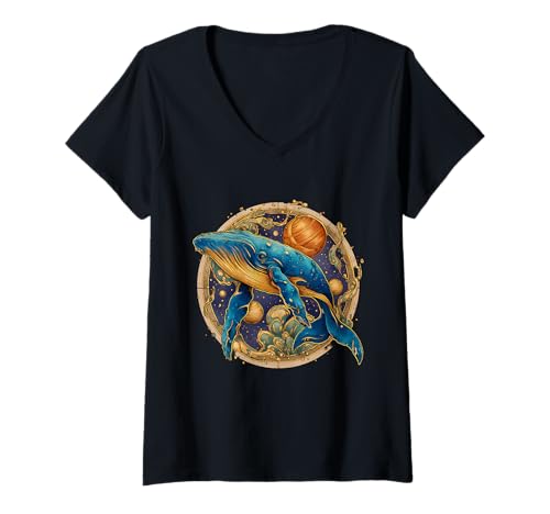 Damen Buckelwal Meeresbiologie Tier Meer Ozean Blauwal T-Shirt mit V-Ausschnitt von Sea Ocean Animal Art