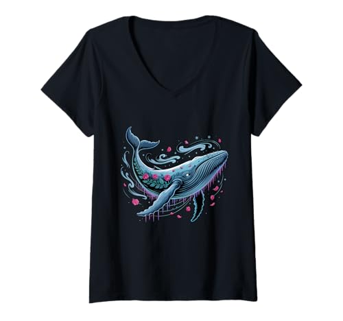 Damen Buckelwal Säugetier Kunstwerk Meer Ozean Tier Blauwal T-Shirt mit V-Ausschnitt von Sea Ocean Animal Art