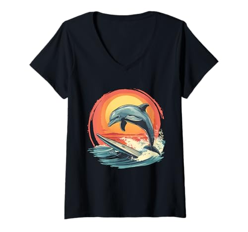 Damen Delfin Meer Ozean Tier Sonnenuntergang Meer Ozean Delfin Surfen T-Shirt mit V-Ausschnitt von Sea Ocean Animal Art