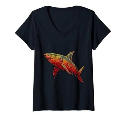 Damen Hai, Meeresbiologie, Tierkunstwerk, Liebhaber von Meereshaien T-Shirt mit V-Ausschnitt von Sea Ocean Animal Art