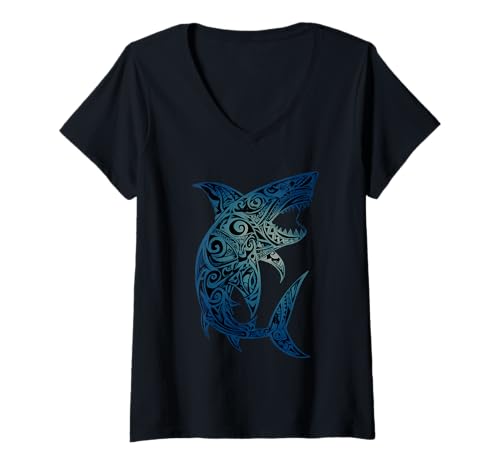 Damen Hai-Tier-Grafik, Meeresbiologie, Meer, Meer, Hai-Liebhaber T-Shirt mit V-Ausschnitt von Sea Ocean Animal Art