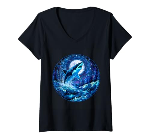 Damen Haifischliebhaber Säugetier Kunstwerk Meer Ozean Tiermotiv Haie T-Shirt mit V-Ausschnitt von Sea Ocean Animal Art