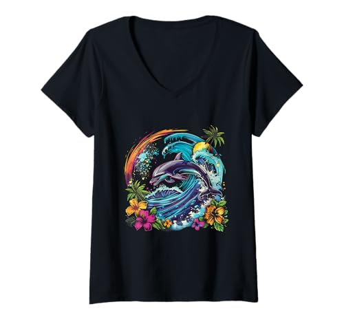 Damen Meer Ozean Delfin Motiv Kunstwerk Floral Meer Ozean Tier T-Shirt mit V-Ausschnitt von Sea Ocean Animal Art