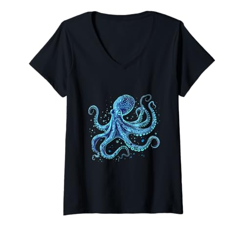 Damen Oktopus Motiv Ozean Meerestier Meeressäugetier Meerestier Meerestier T-Shirt mit V-Ausschnitt von Sea Ocean Animal Art