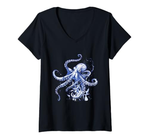 Damen Oktopus Ozean Meerestier Meeressäuger Meerestier Motiv T-Shirt mit V-Ausschnitt von Sea Ocean Animal Art