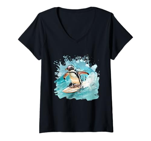 Damen Pinguin Meer Ozean Tier Ozean Meer Pinguin Grafik Kunstwerk T-Shirt mit V-Ausschnitt von Sea Ocean Animal Art