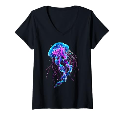 Damen Quallen Marine Säugetier Ozean Meerestier Meer Ozean Quallen T-Shirt mit V-Ausschnitt von Sea Ocean Animal Art