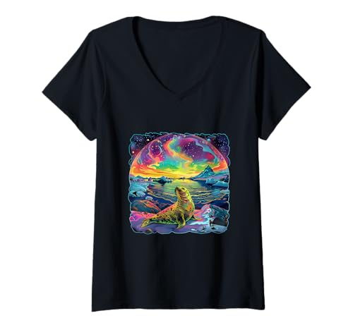 Damen Robbe Sonnenuntergang Ozean Seerobbe Marine Säugetier Meer Ozean Tier T-Shirt mit V-Ausschnitt von Sea Ocean Animal Art