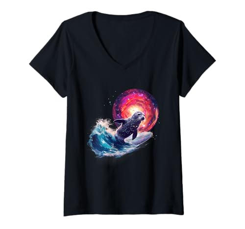Damen Robbe Sonnenuntergang Surfen Ozean Seehunde Meer Ozean Tierliebhaber T-Shirt mit V-Ausschnitt von Sea Ocean Animal Art