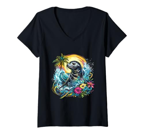 Damen Seehund Blume, Meeressäugetier, Seehund-Liebhaber, Ozean, Meerestier T-Shirt mit V-Ausschnitt von Sea Ocean Animal Art