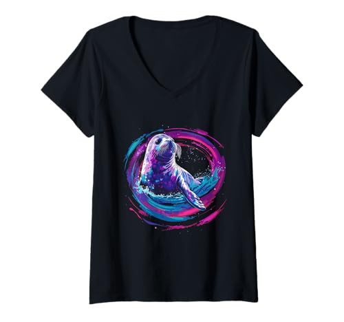 Damen Seehund-Motiv Kunstwerk Ozean Seehund Meer Ozean Tierliebhaber T-Shirt mit V-Ausschnitt von Sea Ocean Animal Art