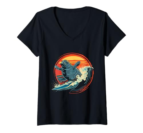 Damen Seekuh Ocean Sea Seekuh Meer Ozean Tier Surfen Sonnenuntergang T-Shirt mit V-Ausschnitt von Sea Ocean Animal Art