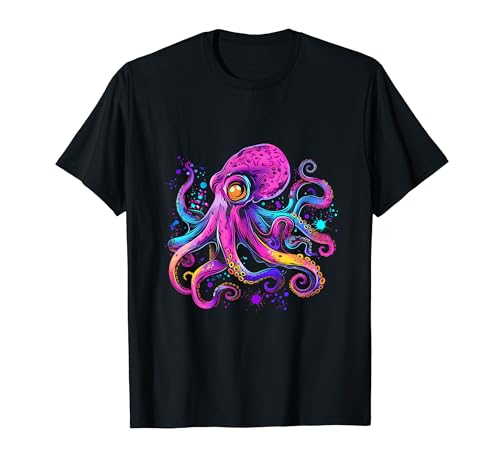 Sea Ocean Animal Art Kraken Marine Säugetier Meer Ozean Tier Oktopus T-Shirt Schwarz U-Ausschnitt Kurzarm Klassisch Unisex Erwachsene Kinder von Sea Ocean Animal Art