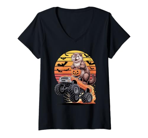 Damen Halloween Monstertruck Seeotter T-Shirt mit V-Ausschnitt von Sea Otters Lover Gifts