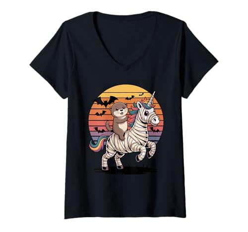 Damen Halloween Mumie Einhorn Seeotter T-Shirt mit V-Ausschnitt von Sea Otters Lover Gifts