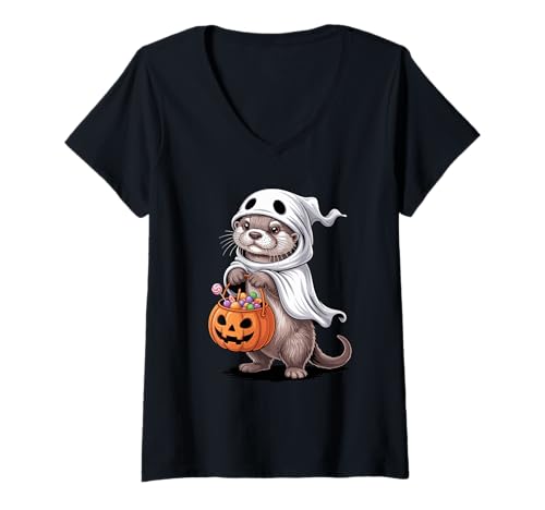 Damen Halloween Seeotter Geist Kürbis Süßes Oder Saures T-Shirt mit V-Ausschnitt von Sea Otters Lover Gifts
