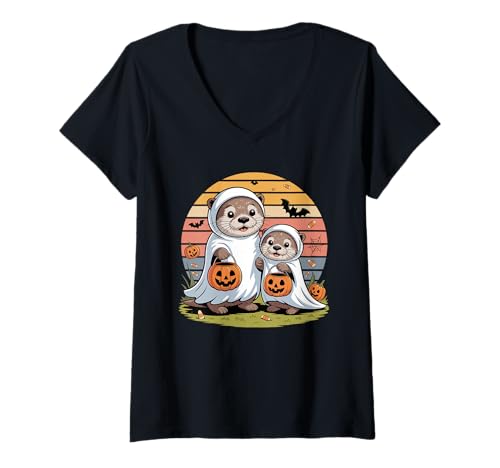 Damen Halloween Seeotter Geist Kürbis T-Shirt mit V-Ausschnitt von Sea Otters Lover Gifts