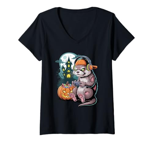 Damen Halloween Zombie Seeotter Gamer Verlassenes Schloss Gaming T-Shirt mit V-Ausschnitt von Sea Otters Lover Gifts