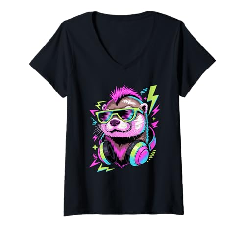 Damen Punk Ära Stil Seeotter Sonnenbrille T-Shirt mit V-Ausschnitt von Sea Otters Lover Gifts