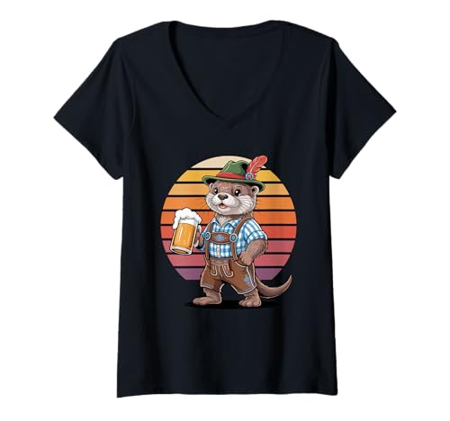 Damen Retro Seeotter Bier Trinkende Otter T-Shirt mit V-Ausschnitt von Sea Otters Lover Gifts
