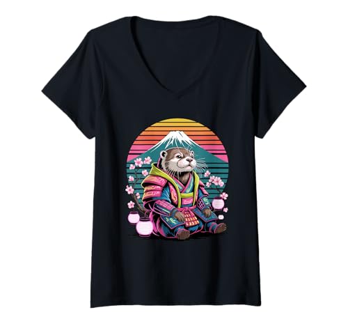 Damen Retro Seeotter Samurai T-Shirt mit V-Ausschnitt von Sea Otters Lover Gifts