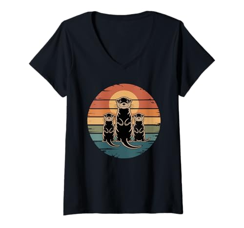 Damen Retro Sonnenuntergang Seeotter Silhouette Otter T-Shirt mit V-Ausschnitt von Sea Otters Lover Gifts