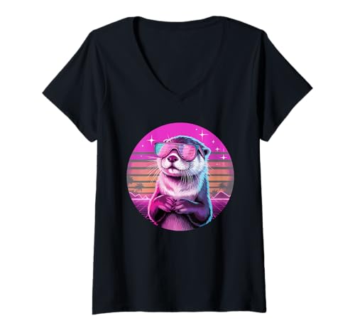 Damen Retro Synthwave Seeotter Sonnenbrille T-Shirt mit V-Ausschnitt Damen Retro Synthwave Seeotter Sonnenbrille T-Shirt mit V-Ausschnitt von Sea Otters Lover Gifts