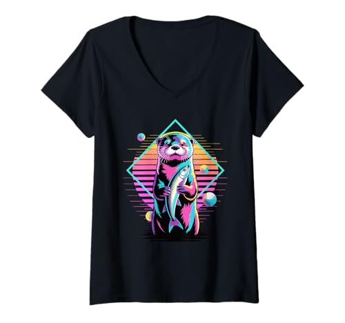 Damen Retro Synthwave Seeotter T-Shirt mit V-Ausschnitt von Sea Otters Lover Gifts