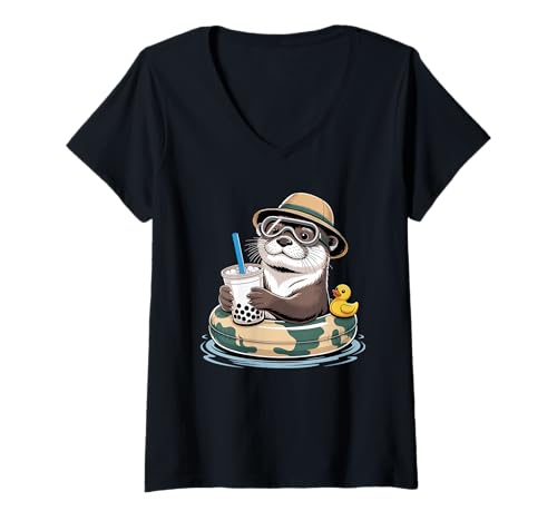 Damen Seeotter Boba Perlen Milchtee Otter T-Shirt mit V-Ausschnitt von Sea Otters Lover Gifts