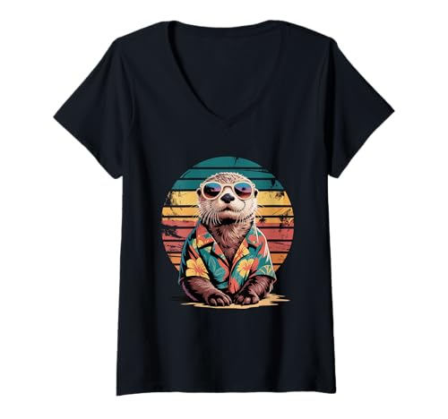 Damen Seeotter Sonnenbrille Hawaii Strand Sommer Urlaub T-Shirt mit V-Ausschnitt Damen Seeotter Sonnenbrille Hawaii Strand Sommer Urlaub T-Shirt mit V-Ausschnitt von Sea Otters Lover Gifts