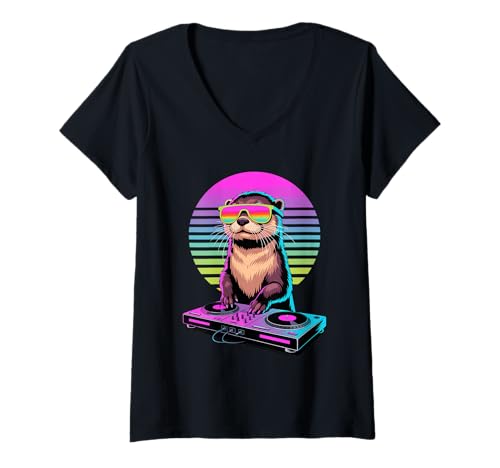 Damen Synthwave Seeotter DJ Sonnenbrille T-Shirt mit V-Ausschnitt von Sea Otters Lover Gifts
