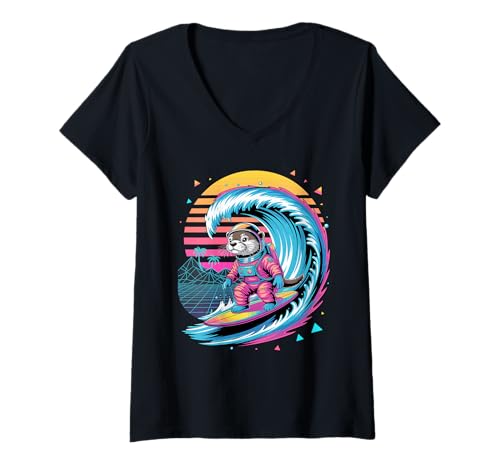 Damen Synthwave Surfer Seeotter Astronaut T-Shirt mit V-Ausschnitt von Sea Otters Lover Gifts
