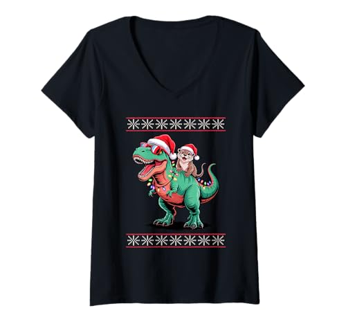 Damen Weihnachten Seeotter T-Rex Dinosaurier Tyrannosaurus Rex T-Shirt mit V-Ausschnitt von Sea Otters Lover Gifts