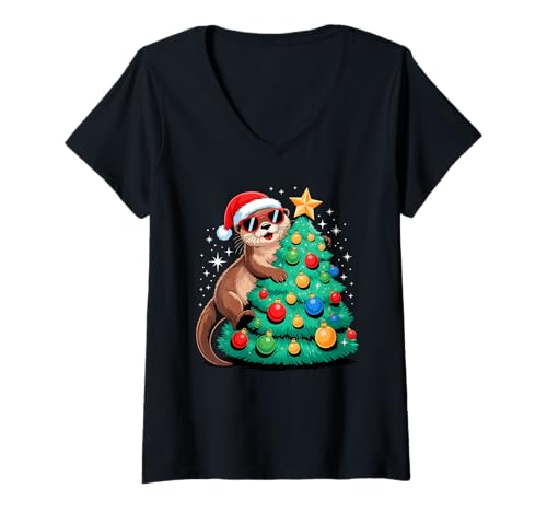 Damen Weihnachtsbaum Seeotter Sonnenbrille T-Shirt mit V-Ausschnitt Damen Weihnachtsbaum Seeotter Sonnenbrille T-Shirt mit V-Ausschnitt von Sea Otters Lover Gifts