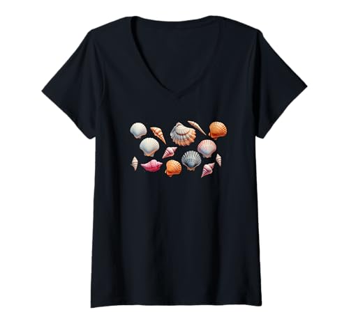 Damen Strandmuscheln, Sommerurlaub, T-Shirt mit V-Ausschnitt Damen Strandmuscheln, Sommerurlaub, T-Shirt mit V-Ausschnitt von Sea Shells, Ocean Life, Cruising