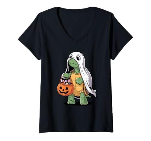 Damen Halloween Meeresschildkröte Geist Kürbis Süßes Oder Saures T-Shirt mit V-Ausschnitt Damen Halloween Meeresschildkröte Geist Kürbis Süßes Oder Saures T-Shirt mit V-Ausschnitt von Sea Turtle Lover Gifts