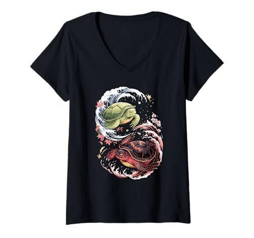 Damen Japanische Kunst Meeresschildkröte Gut und Teufel T-Shirt mit V-Ausschnitt Damen Japanische Kunst Meeresschildkröte Gut und Teufel T-Shirt mit V-Ausschnitt von Sea Turtle Lover Gifts