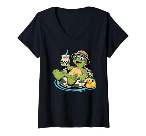 Damen Meeresschildkröte Boba Perle Milchtee Schildkröten T-Shirt mit V-Ausschnitt Damen Meeresschildkröte Boba Perle Milchtee Schildkröten T-Shirt mit V-Ausschnitt von Sea Turtle Lover Gifts