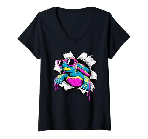 Damen Paint Art Meeresschildkröte Sonnenbrille Schildkröten T-Shirt mit V-Ausschnitt Damen Paint Art Meeresschildkröte Sonnenbrille Schildkröten T-Shirt mit V-Ausschnitt von Sea Turtle Lover Gifts