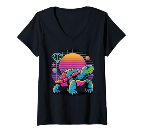 Damen Retro Synthwave Meeresschildkröte Schildkröten T-Shirt mit V-Ausschnitt Damen Retro Synthwave Meeresschildkröte Schildkröten T-Shirt mit V-Ausschnitt von Sea Turtle Lover Gifts