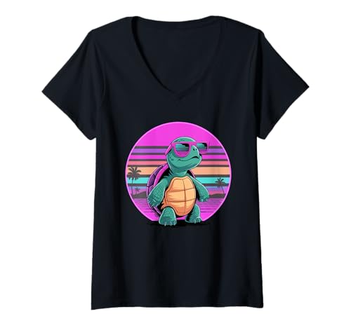 Damen Retro Synthwave Meeresschildkröte Sonnenbrille Schildkröten T-Shirt mit V-Ausschnitt Damen Retro Synthwave Meeresschildkröte Sonnenbrille Schildkröten T-Shirt mit V-Ausschnitt von Sea Turtle Lover Gifts