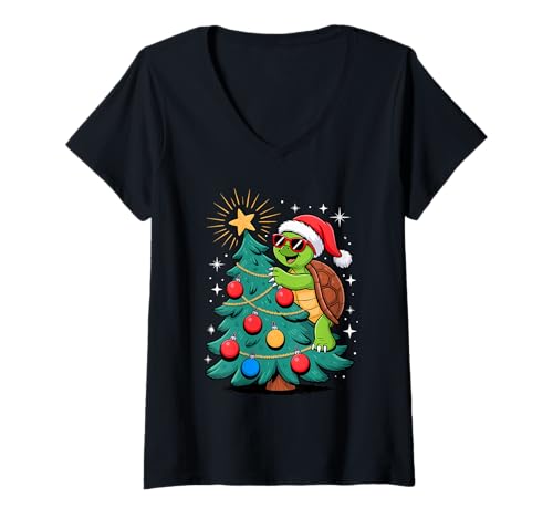 Damen Weihnachtsbaum Meeresschildkröte Sonnenbrille Schildkröten T-Shirt mit V-Ausschnitt Damen Weihnachtsbaum Meeresschildkröte Sonnenbrille Schildkröten T-Shirt mit V-Ausschnitt von Sea Turtle Lover Gifts
