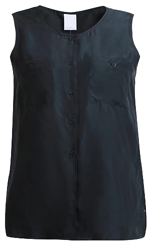 Damen Tops Bluse Shirt Shirts Weste 100% Seide ohne Arm Ärmel ärmellos 0124M Schwarz Brusttasche Knöpfe (40) von SeaBright