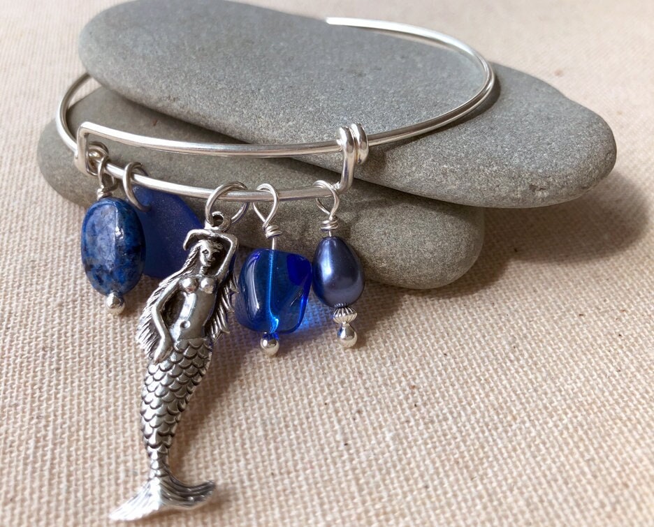 sterling Silber Bettelarmband Kobaltblaue Meerjungfrau, Lapis Seeglas sterling Silber Bettelarmband Kobaltblaue Meerjungfrau, Lapis Seeglas von SeaGoddessTreasures