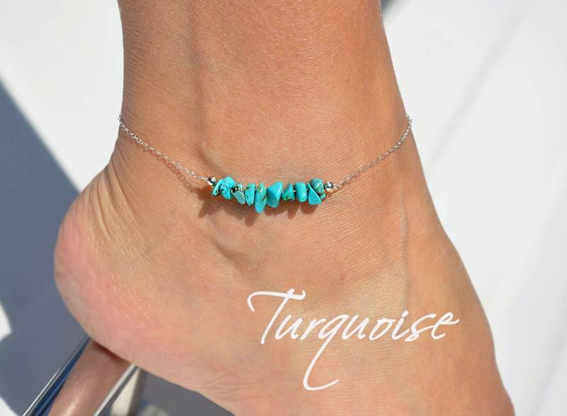 Türkis Perlen Fußkettchen in Sterling Silber Gold Oder Rose By Sea Side Motive | Personalisieren Sie Ihr Natürliches Bead Bar Ankle Armband von SeaSideMotifs