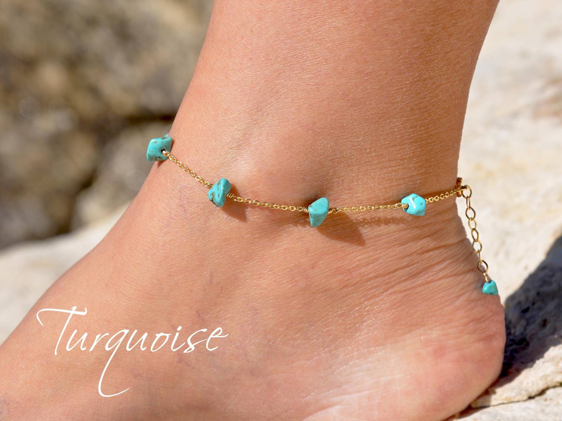 Zierliches Türkis Fußkettchen in Gold Aus Sterling Silber Und Rose Von Seasidemotifs | Personalisieren Sie Ihr Türkis-Fußkettchen Als Perfektes von SeaSideMotifs