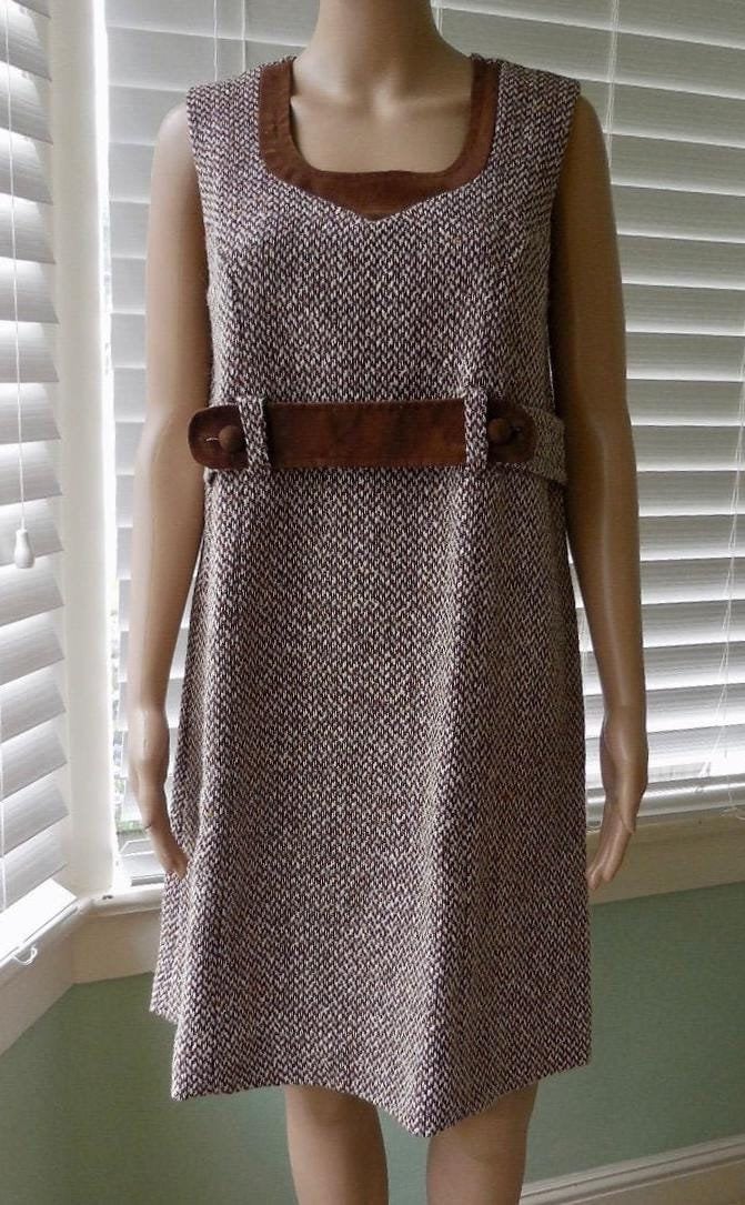 60Er Jahre Wolle Romper Jori Of California Braun Tweed Kleid Mod Wolle Shift Ärmellos Scotter Twiggy Style Mock Gürtel Size Large von SeadawlVintage