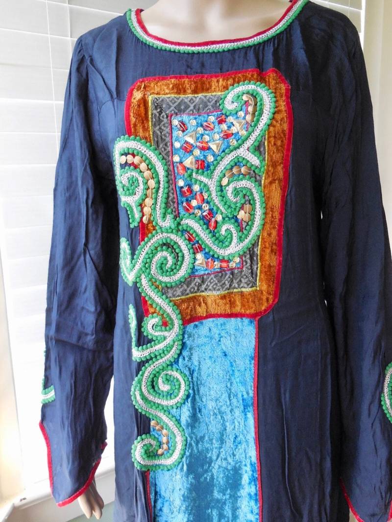 70Er Verzierter Kaftan Damen Boho Perlen Kaftan Patchwork Maxi Kleid Verziertes Hippie Festival Gr. S von SeadawlVintage
