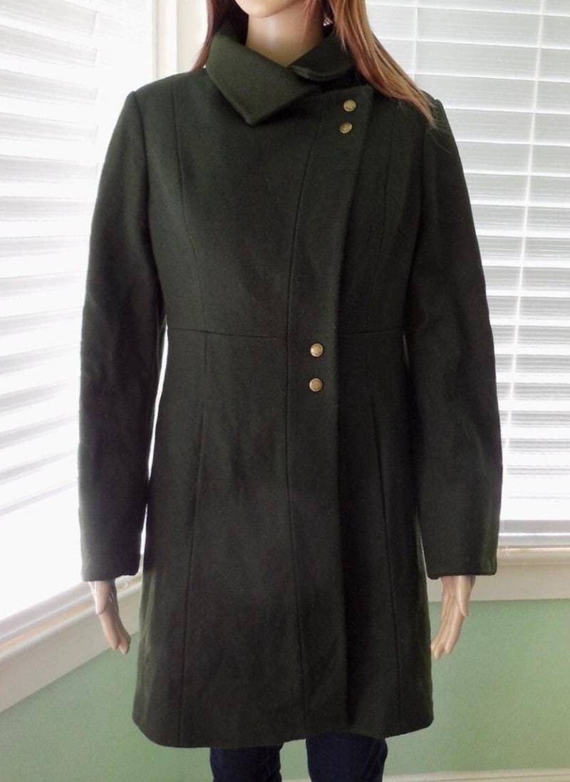 Mod Wool Mantel Damen Guess Grüne Wolle Kleid Trench Overcoat Mod Prinzessin Peacoat Mock Gürtel Viscose-Mischung Größe 6 Medium von SeadawlVintage
