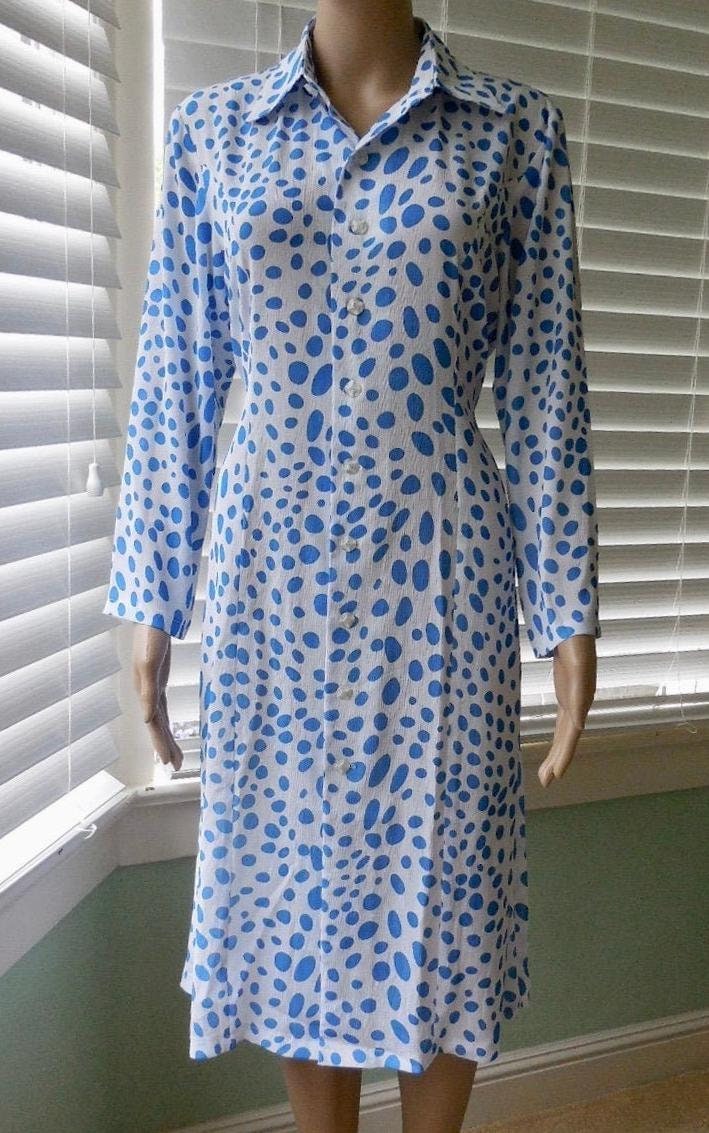Vintage Polka Dress Button Up Dress Semi Sheer Shirt Collar Blue N White Polka Dot Full Down Long Sleeves Boho Chic Size 8 Med von SeadawlVintage